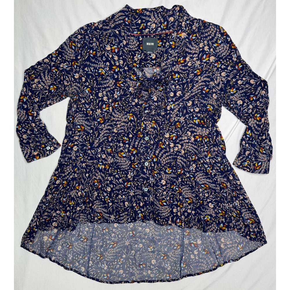 Maeve Anthropologie Navy Blue Floral High Low Button Down‎ Tunic Blouse Small